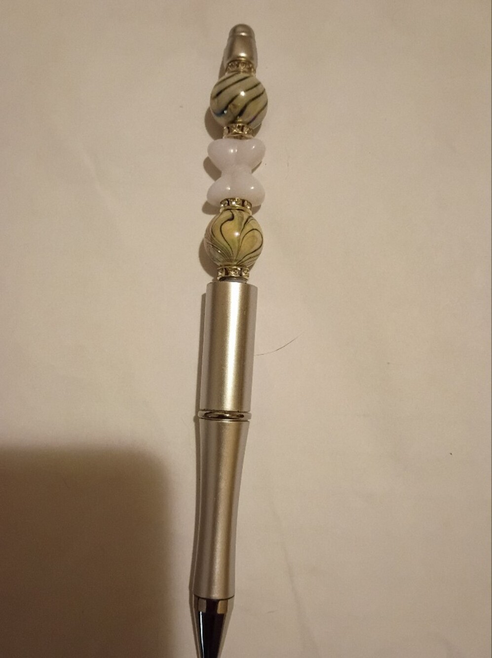 Decorative Silver and Cream Beaded Pen - Elegant Home Accent
